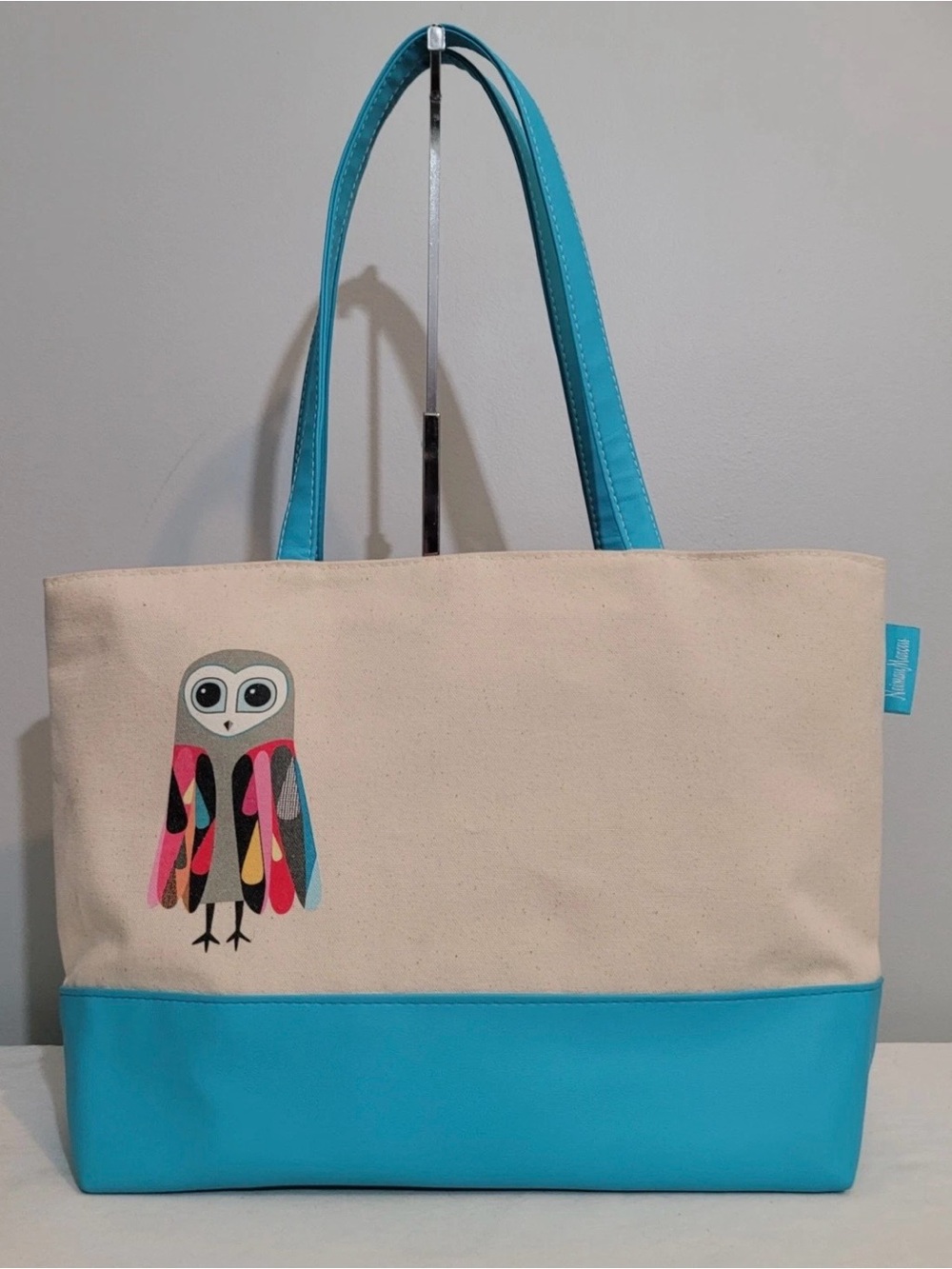 Neiman Marcus Blue Trim Cream Canvas Tote Bag with Owl Print